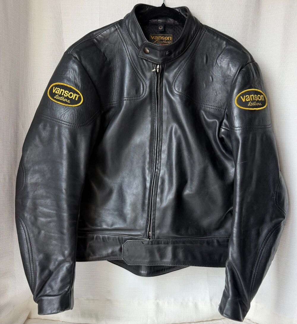 Vanson Leathers Motorcycle Jacket Mens 44 Black Leather Made USA Biker Racing